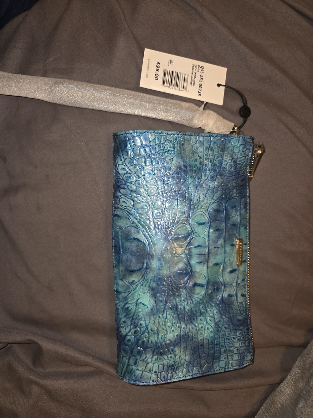 Brahmin Blue Teal Croc-Embossed Wristlet Clutch